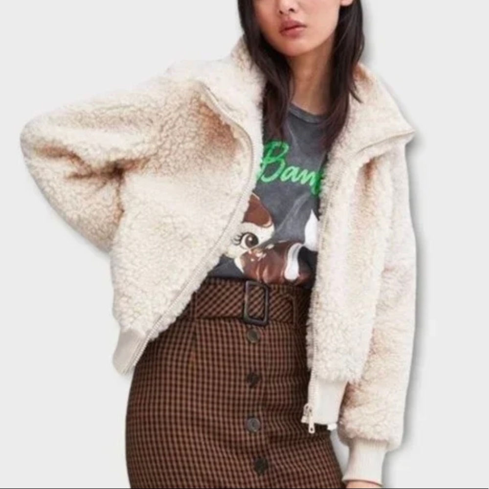 Zara Teddy Sherpa Shearling Full Zip Coat in Cream